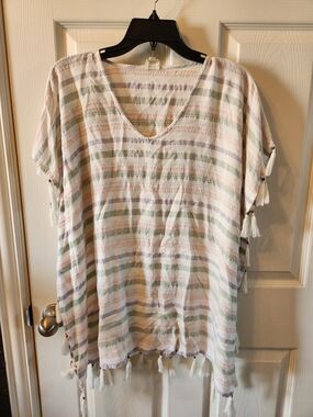 Surf Gypsy Women’s Pastel Striped Boho Tassel V-Neck Top, Large